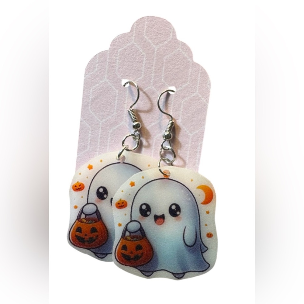 Adorable Ghost Trick Or Treating Dangle Pierced Earrings Orange Black New - Picture 1 of 1